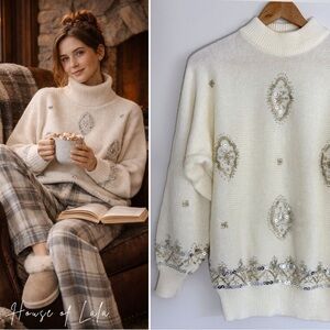 Cream Embellished Women's Vintage Knit Beaded Sweater
